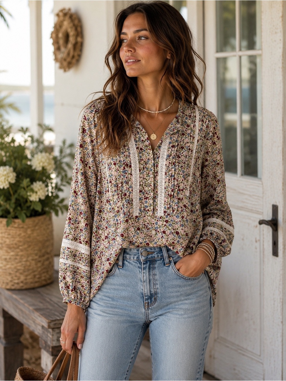 Wonderly Floral Lace Trim Peasant Blouse Cottagecore Boho Top PM